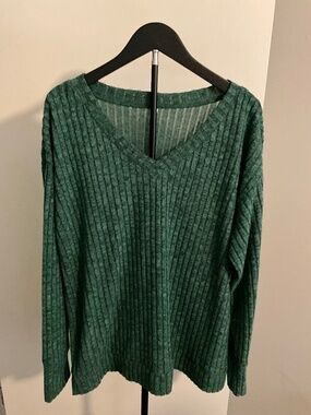 Green Ribbed V-Neck Pullover Sweater Lightweight Knit Long Sleeve - Size 2XL